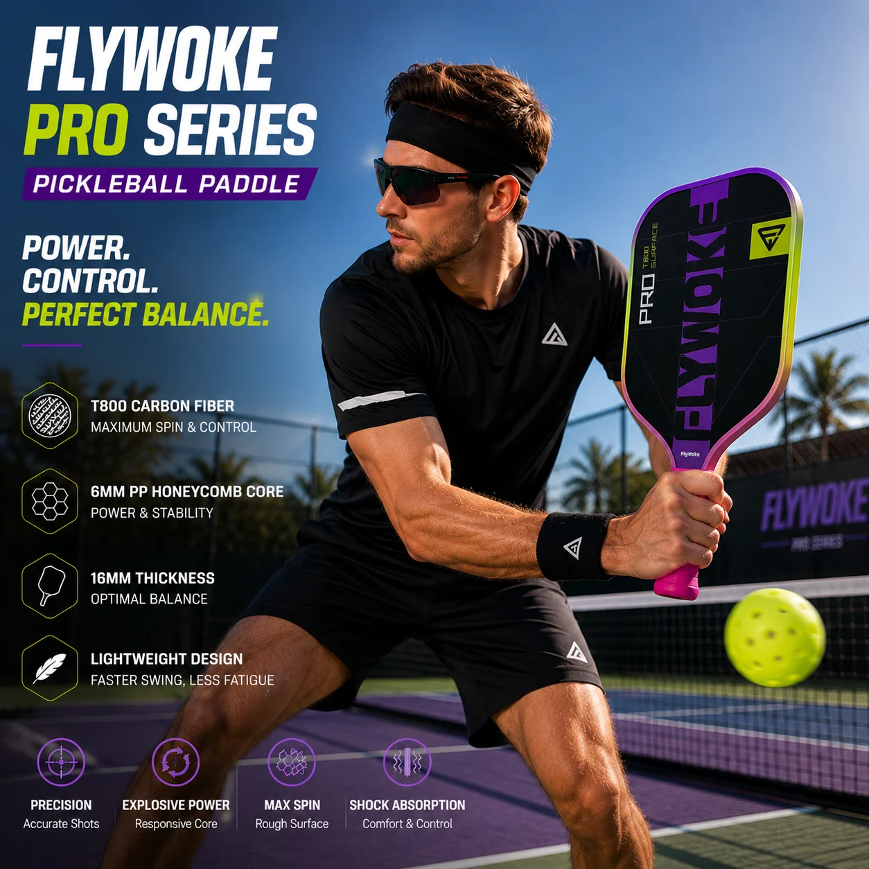 FlyWoke-T800 Carbonfaser-Pickleball-Schläger. Strukturierte Matte Oberfläche. Hohe Reibung. Großer Sweet Spot. Schneller Angriff. – Detail 5