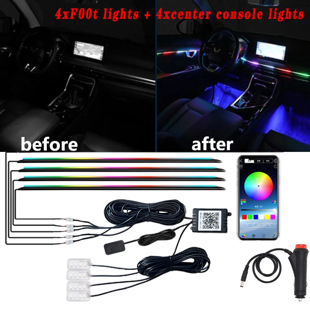 Car Interior Atmosphere Lights 9(6) in 1 RGB Hidden Acrylic Strip Symphony Atmosphere Lamps with APP control DC12V/USB 5V.