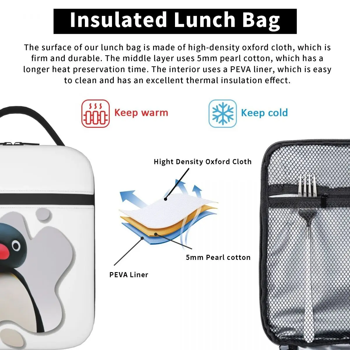 Pingu Pinga Penguin Tv Insulated Lunch Bag for Women Children Leakproof Food Boxes Thermal Lunch Box Tote