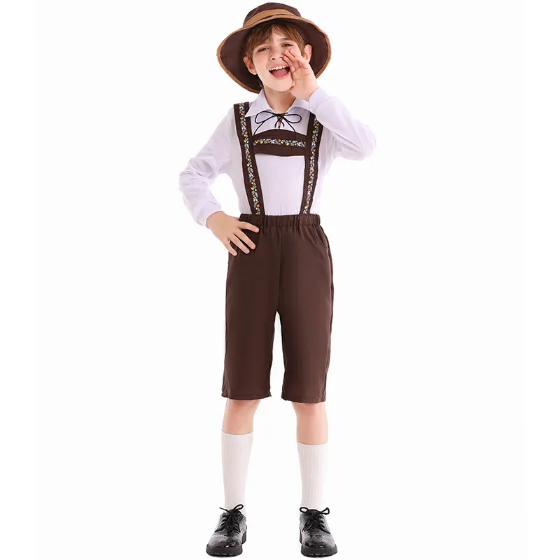 Jungen Oktoberfest Kostüm Kinder Bier Festival Braun Lederhosen Weißes Hemd Alpine Kleidung Bühne Cosplay Kostüme Party Outfits