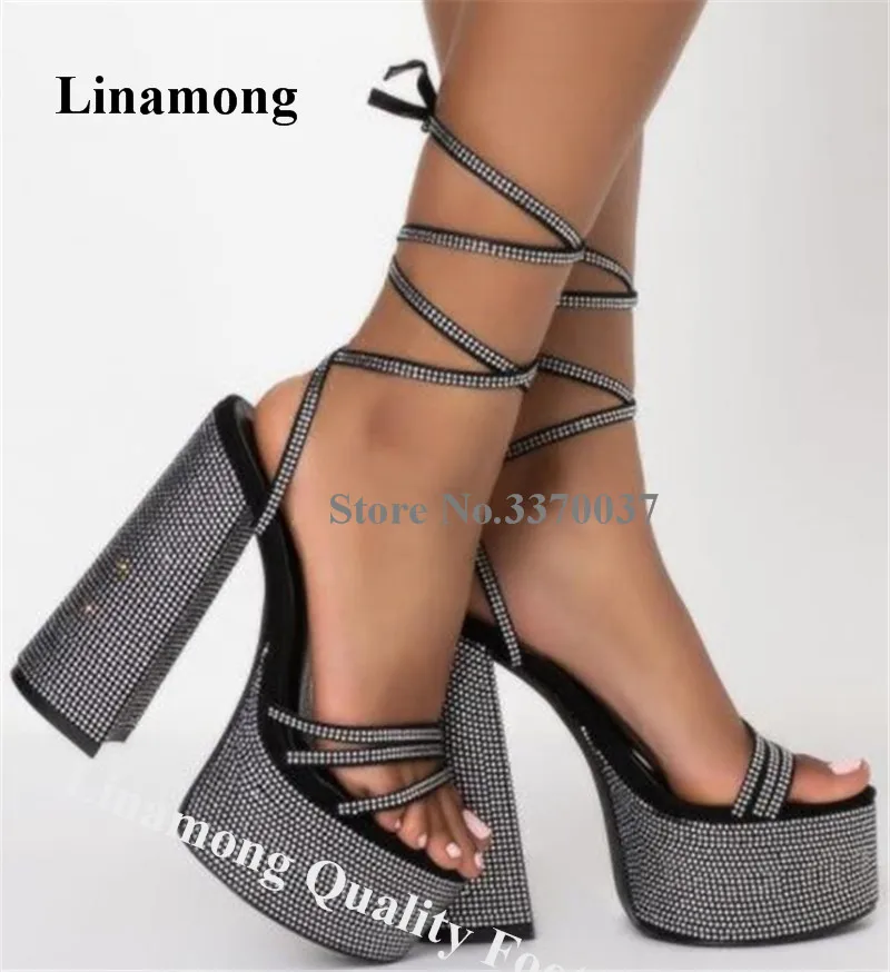 

Rhinestone Chunky Heel Sandals Linamong Newest Open Toe Crystals Thin Straps Cross Thick Heel Sandals Lace-up Bling Bling Heels