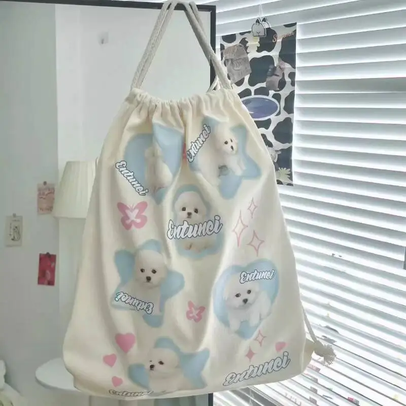 Women Vintage Cartoon Cute Heart Dog Schoolbags Korean Sweet Fashion Trendy Canvas Bags Y2k Aesthetic Kawaii Backpacks All Match