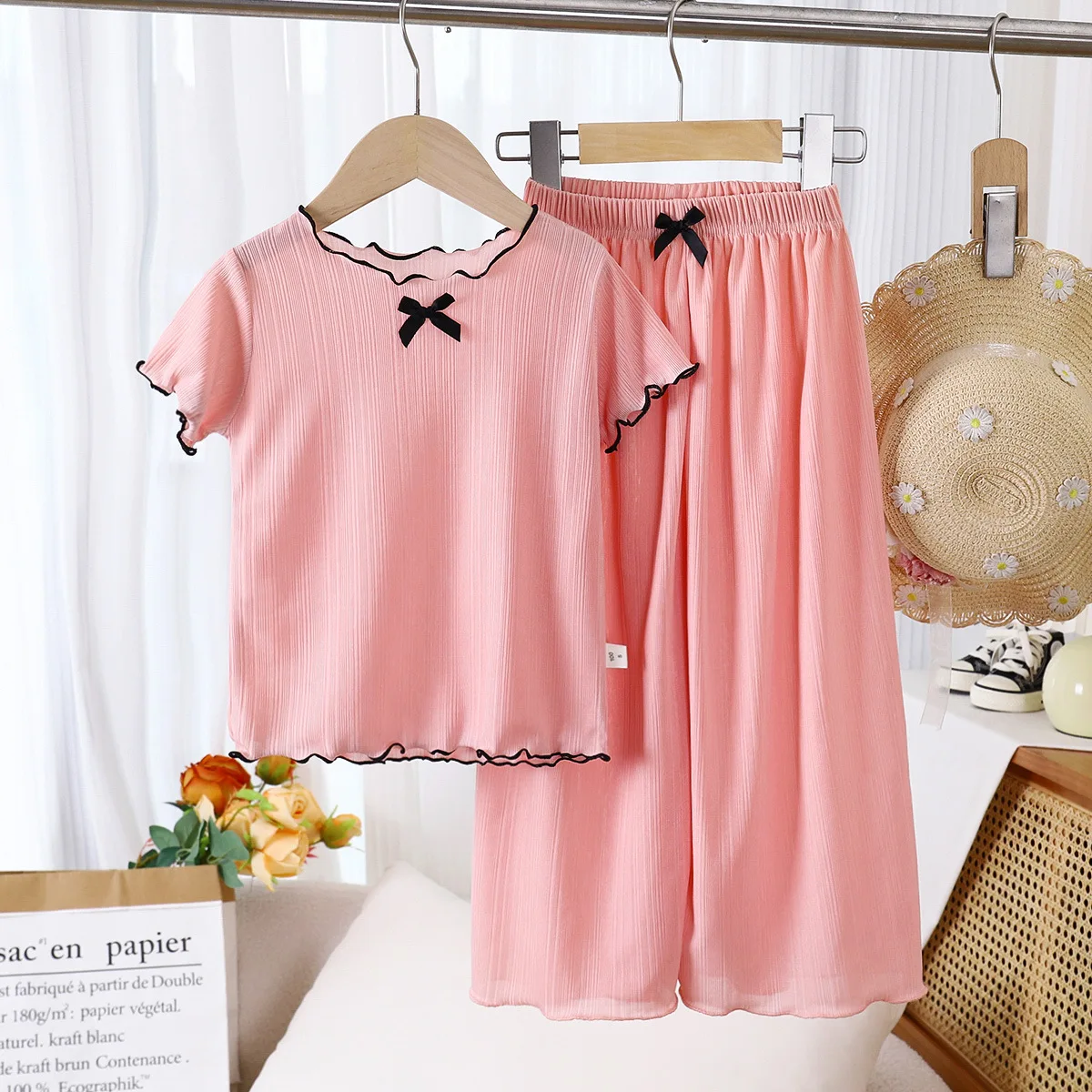 

Girls Summer Thin Clothing Sets Kids Solid Short Sleeve Bowknot T-shirt Tops + Wide-leg Pants Baby Girl Casual Pajamas Homewear