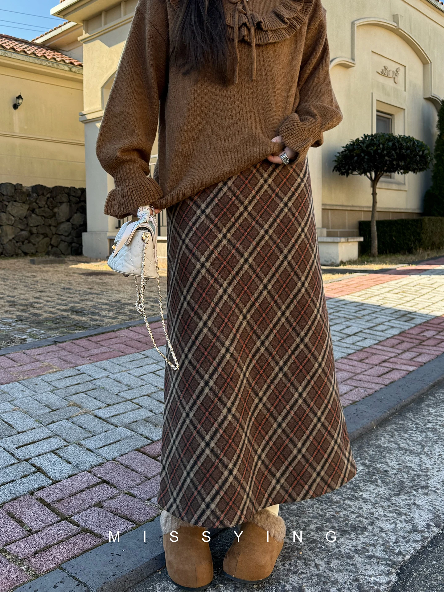 

Tirsu Large Size Women's Retro Plaid A-Line Skirt High Waist Coffee Color Spring New Sle Casual Polyester Fiber