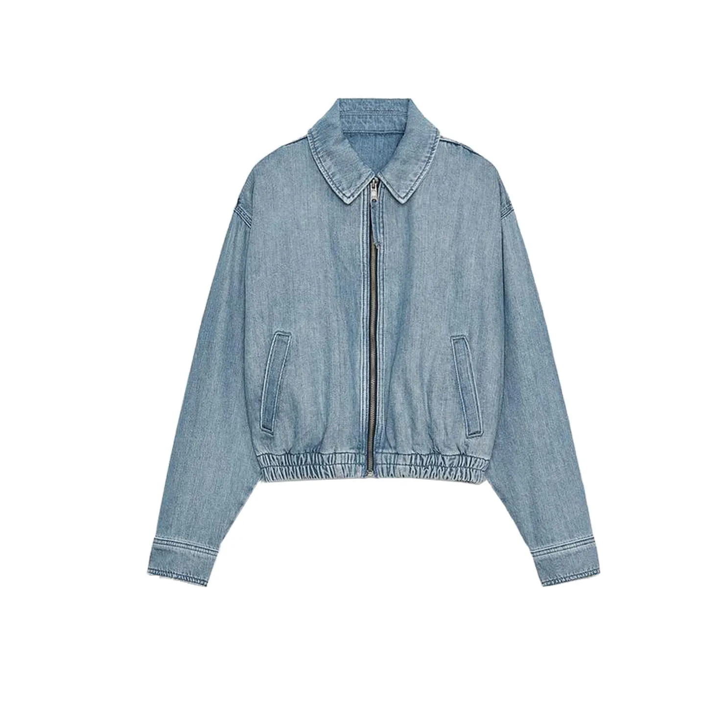 가을 여성 패션 메탈 지퍼 웨이드 효과 칼라 롱 슬리브 데님 파일럿 재킷 캐주얼 슬림 핏 폴리에스터 섬유