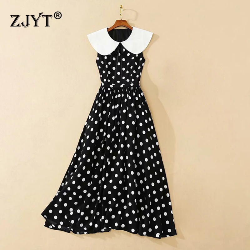 

ZJYT Fashion Vintage Polka Dot Print Dresses for Women Summer Peter Pan Collar Black Midi Dress Elegant Sleeveless Holiday Robe