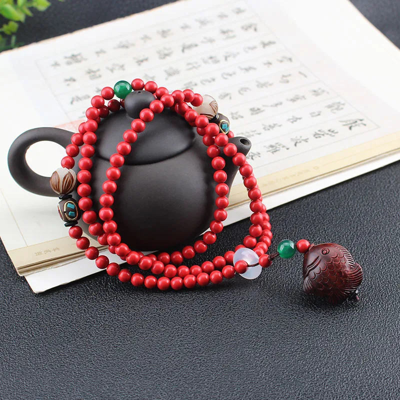 

DIY accessories Ethnic style cinnabar blood sandalwood fish sweater chain Chinese red natal year safe and good luck versatile lo