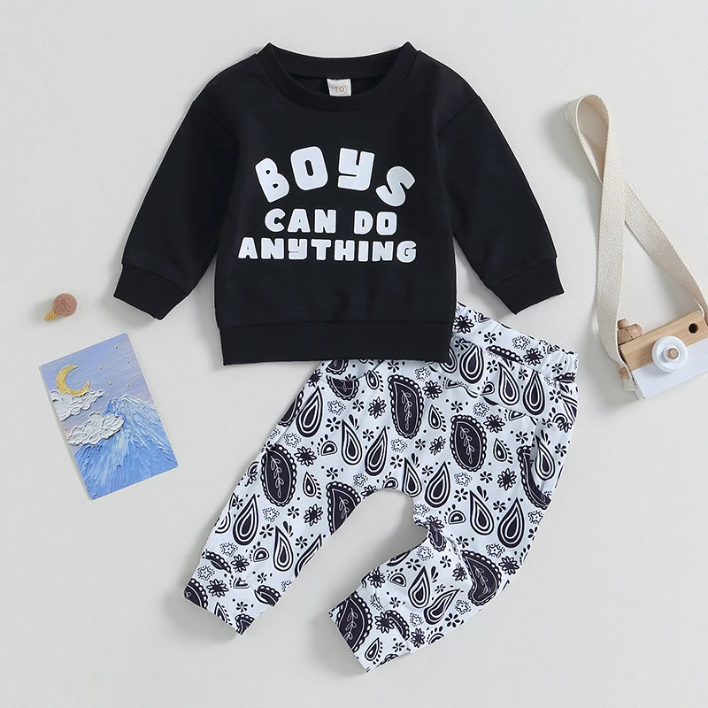 

Baby Boys Pants Set Long Sleeve Letters Print Sweatshirt with Flower Print Elastic Waist Pants Infant Fall Outfit Clothes