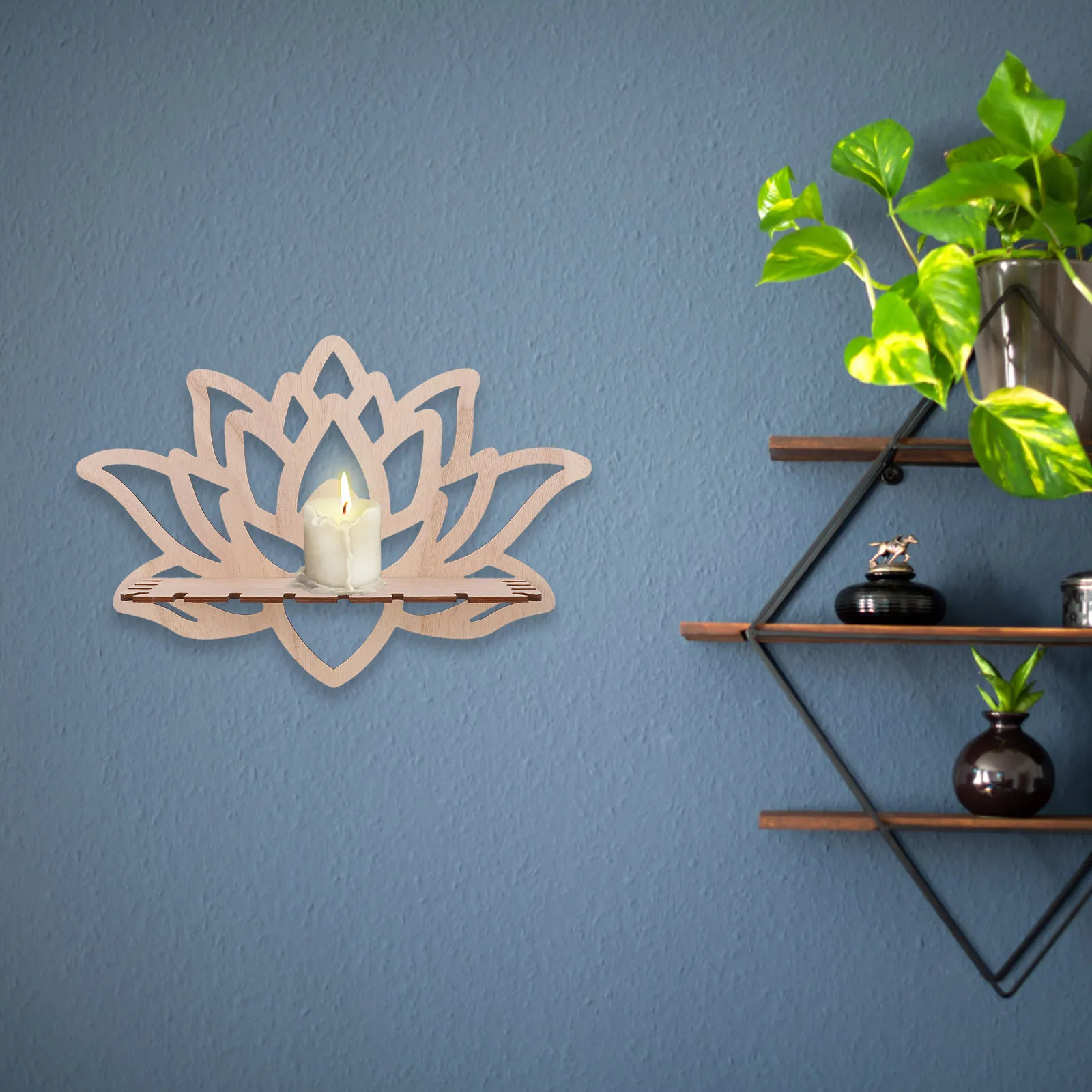 

Wooden Floating Corner Hollow Design Decorative Wall For Bedroom Home Candlestick With Crystal Display Shelf For Flowers Office