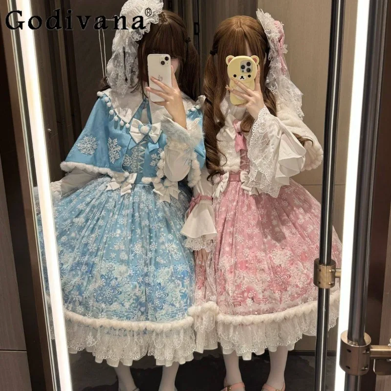 

Original Lolita JSK Dress and Cape Suits Women Autumn Winter Lolita Plush Dress Outfits Female Japanese Style Sweet Set
