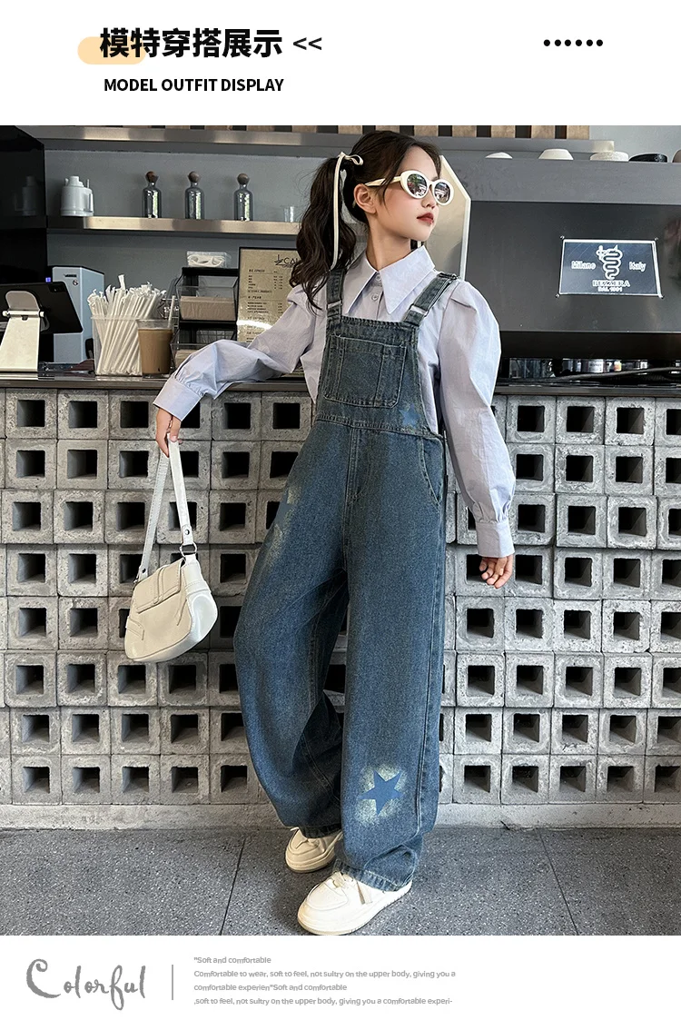 Modische Kinder-Jeans-Overalls für Babymädchen, Blaue Denim-Latzhose mit Trägern, Größe 5 6 7 8 9 10 11 12 13 14 – Detail 2