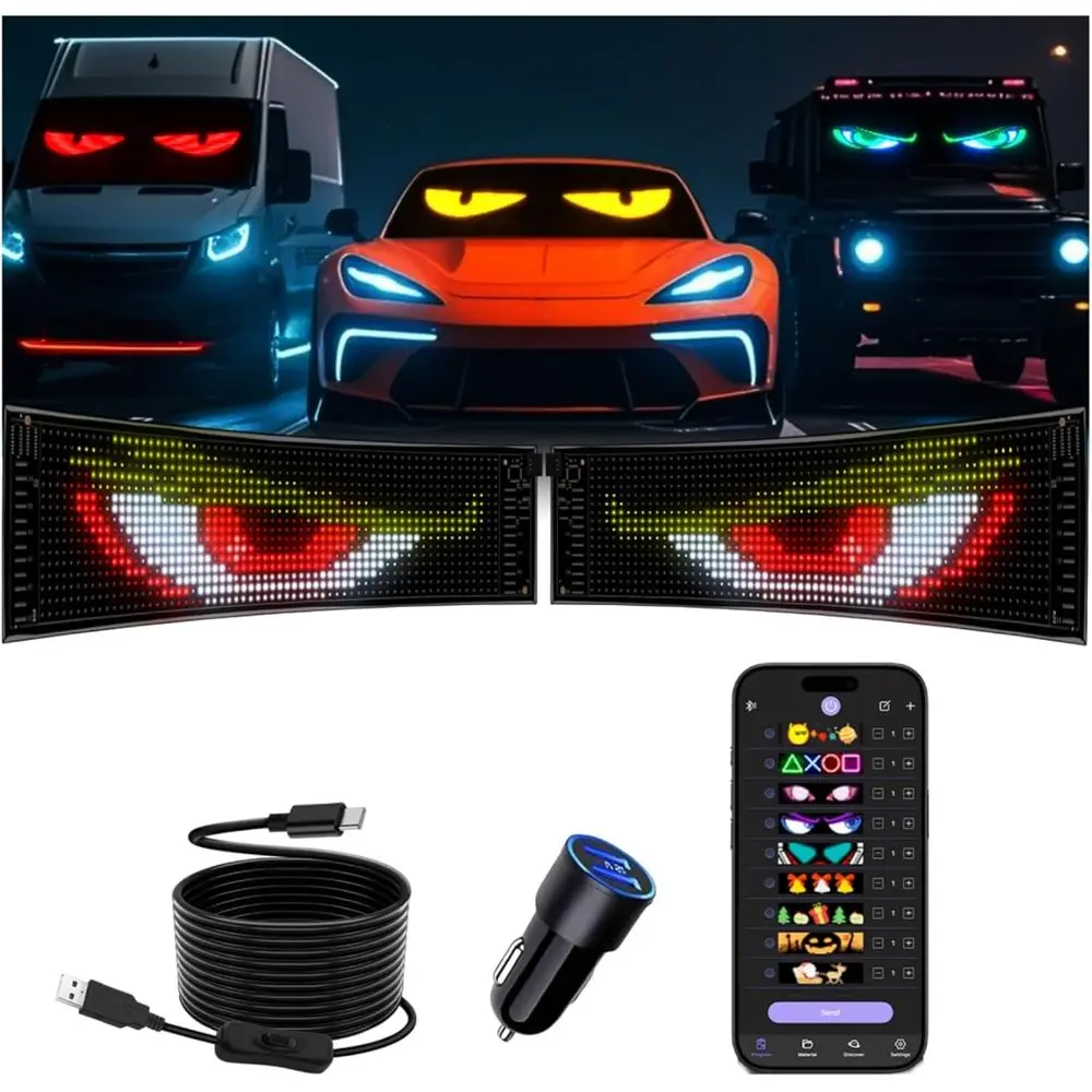 

Upgraded Dual-Screen LED Car Eye Lights - 19x5 Synchronized Programmable Devil Eyes for Vehicles