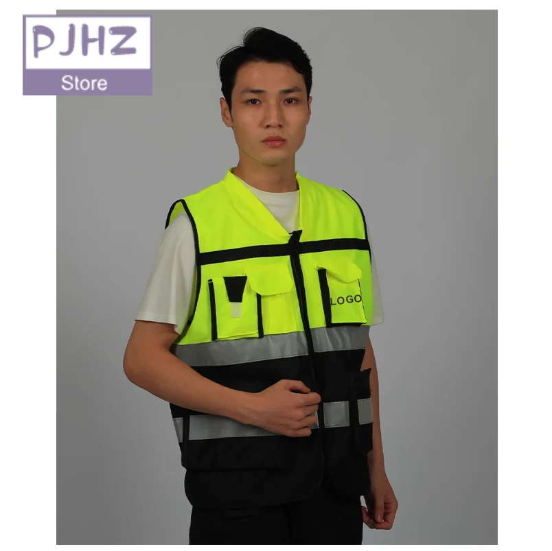 Custom LOGO Reflective Safety Vest Work Vest with Pockets and Zipper High Brightness Strip Reflective Vest Breathable Workwear