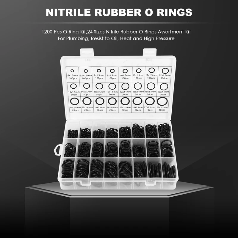 ABUL-1200 Pcs O Ring Kit,24 Sizes Nitrile Rubber O Rings Assortment Kit For Plumbing, Resist To Oil, Heat And High Pressure