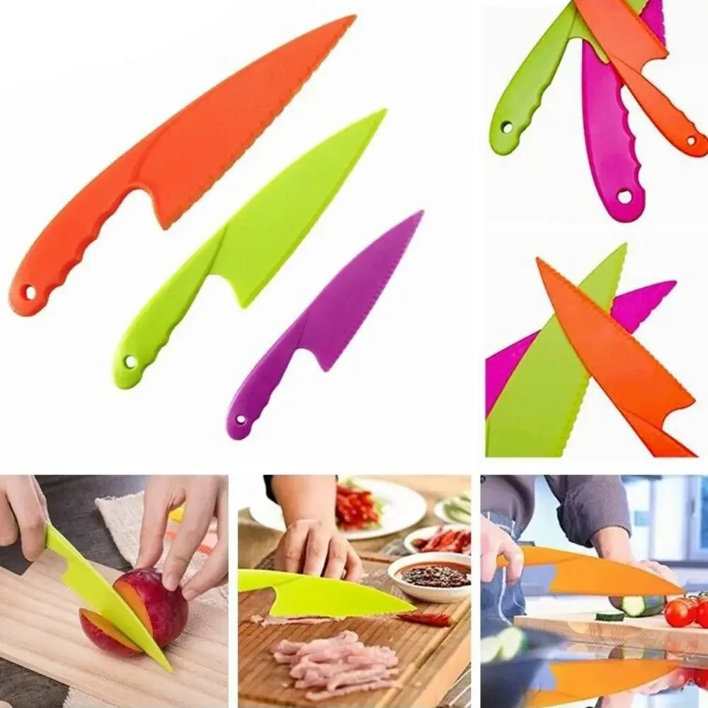 3 PCs  Kitchen Knife Plastic Fruit Safe Toy Knives Bread Lettuce Salad Salad cutter Potatoes cutter Mango slicer Cabbage cutter