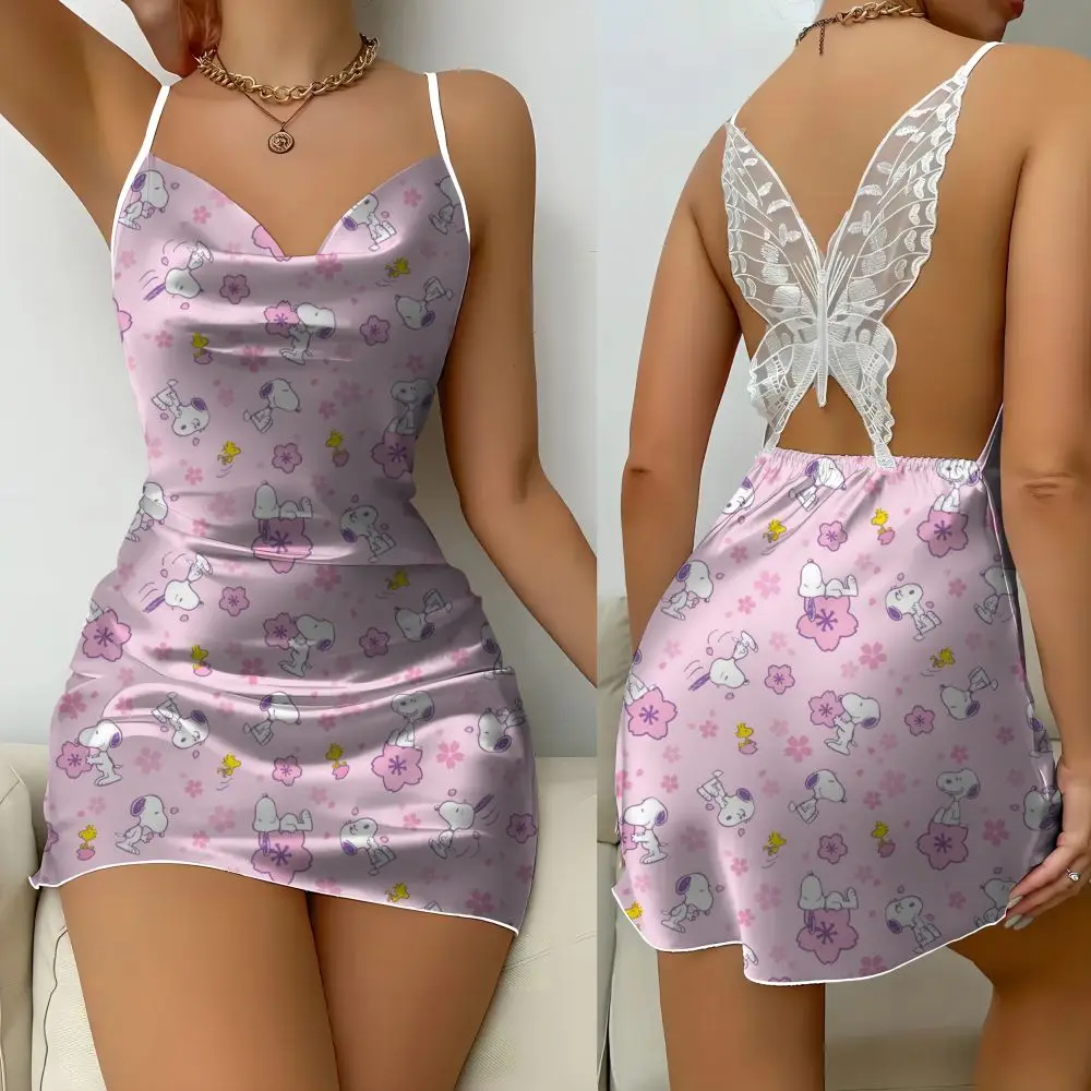 Women's Sexy Dress Disney Snoopy Cute Print Butterfly Lace Suspender Nightdress Lace Satin Silky Women's Dress