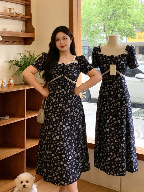 

Floral Lace Trim Square Neck Shoulder Length Summer New Style plus Size Women's Dress Fashionable Korean Style Commute Wind