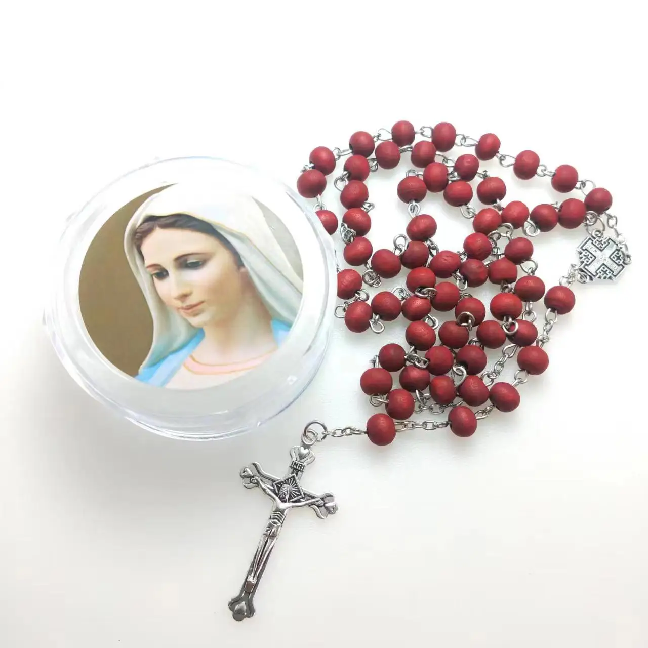 free ship 12pcs/pack rose scented perfume rosary necklace/ red bead rosary with center and plastic saint box