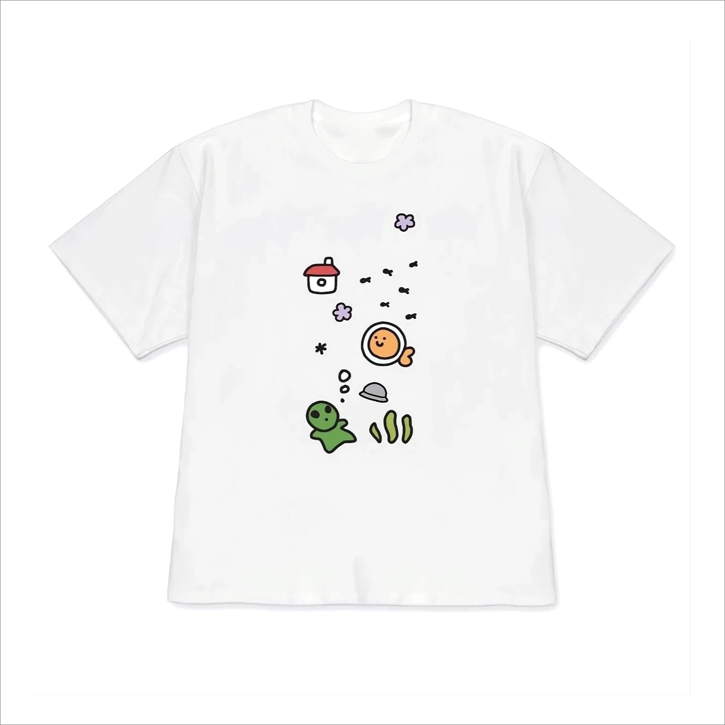 Korean Hand Drawn Style T-shirt Cute Ladies' Home Clothes Women's and Men's Round Neck Cutecore 2000s Y2k Clothes Free Shipping