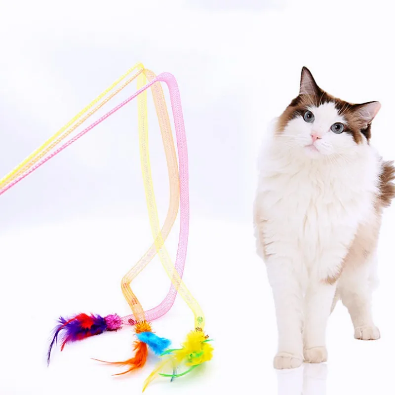 

Cat Toy Feather Cat Toys Interactive Elastic Mesh Stick Toys for Cats Teasing Soft Ball Feather Cats Toy with Bell Pet Products