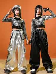 Kids Jazz Dance Costume Girls Fashion Clothing Silver Long Sleeves Tops Pants Hip Hop Performance Wear Concert Race Set