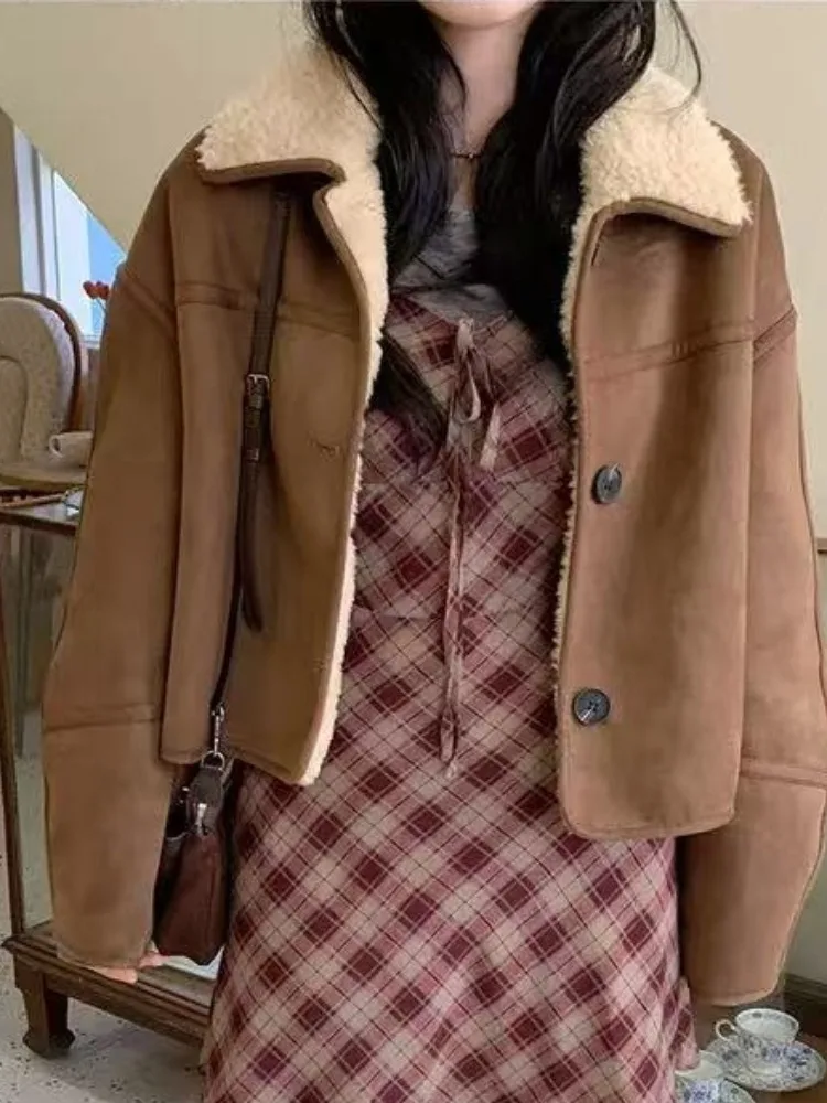 Retro sle ort pele de cordeiro jaet feminino fadable turn-down colarinho único botão couro e pele intercuído calor outerwear