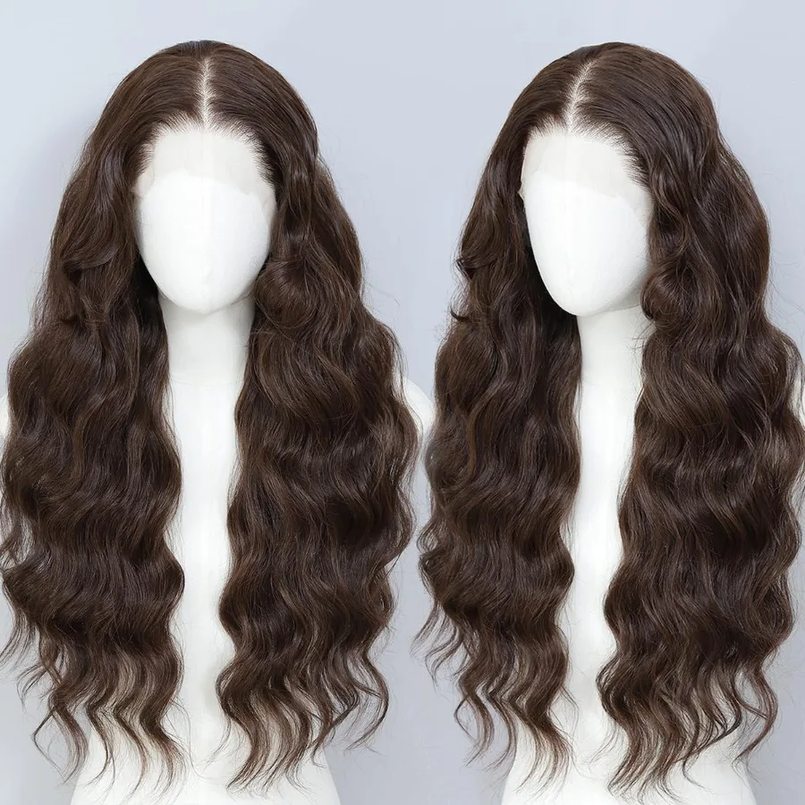 باروكات صناعية بدانتيل أمامي مقطوعة مسبقًا 26 بوصة طويلة مموجة بالشوكولاتة بني 100 فوتورا بريميوم 13x4 باروكات دانتيل عالية الدقة للنساء ذوات البشرة السمراء