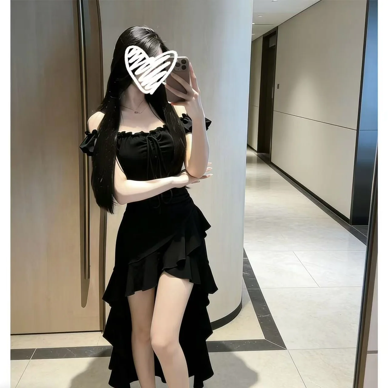 

Black Irregular Hem Dress Women's Shoulder Bows Summer New Sexy Waist Cinching Princess Style Knitted Cotton Polyester