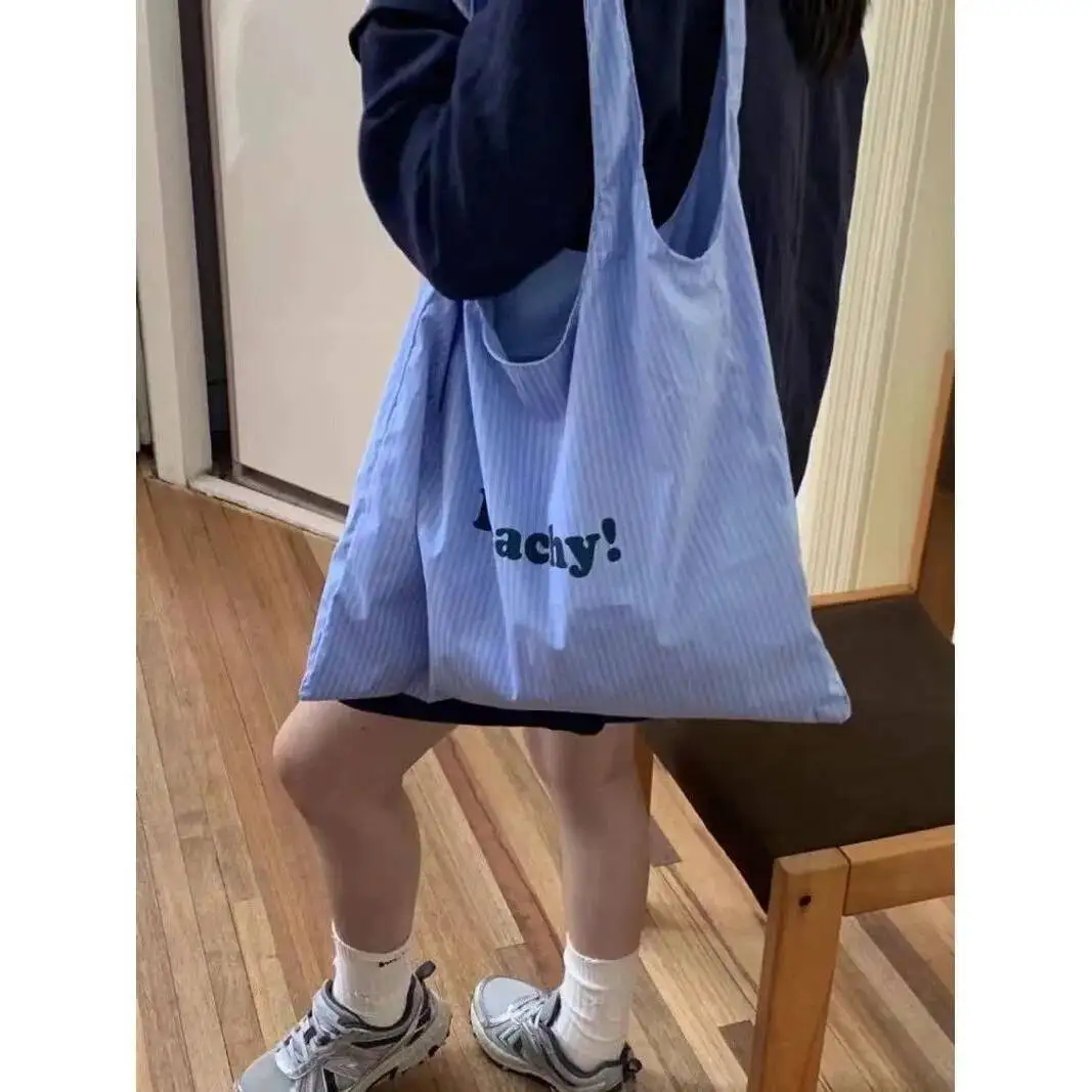 Bloom Stripe Blue Large Capacity Canvas For Women 2025 New Summer Tote Bag Female Korean Style Y2k Handbag Bolsos De Mujer