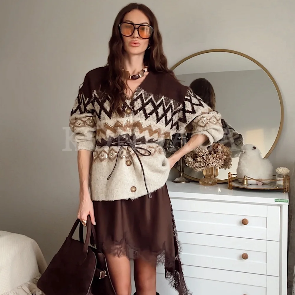 

KONDALA 2025 Fall Winter Elegant Women Christmas Sashes Knitted Coats Fashion Beading V Neck New Year Casual Ladies Coats