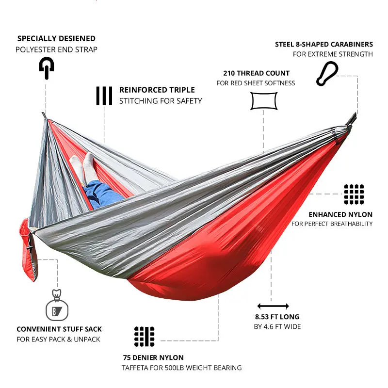 Portable Nylon Parachute Fabric Single Size Color Matching Hammock Outdoor Camping Hiking Garden Hammock