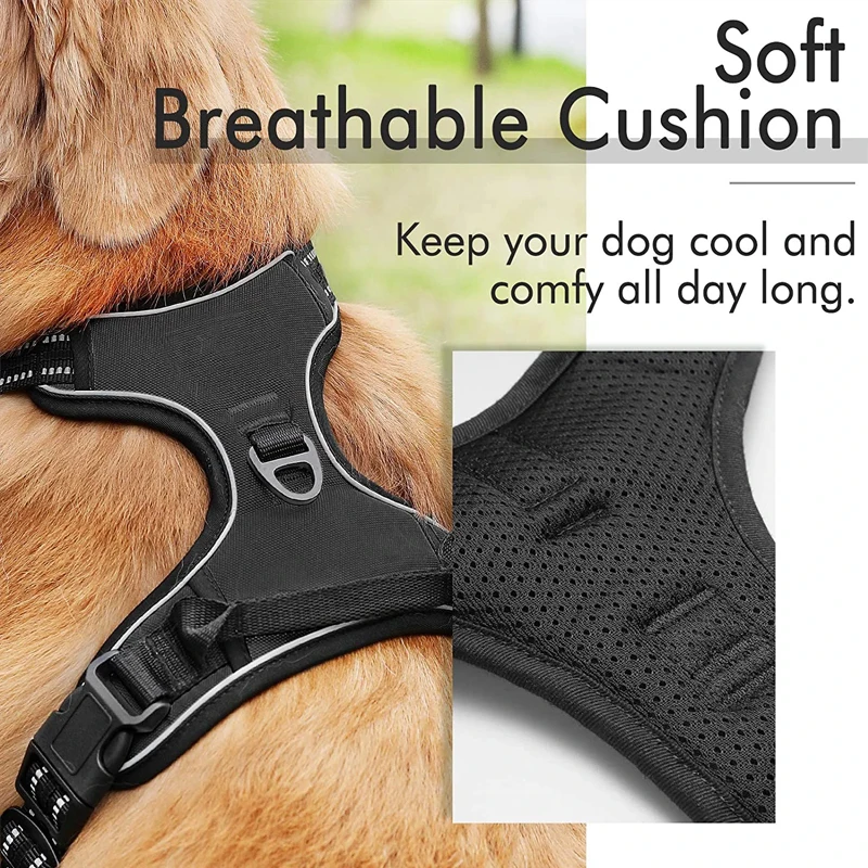 Dog Harness No-Pull Pet Harness Adjustable Soft Padded Dog Vest Reflective No-Choke Pet Oxford Vest for Mediu Large Dogs Black