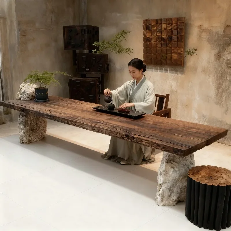 Log large board tea table, tea table weathered old wood homestay dining table