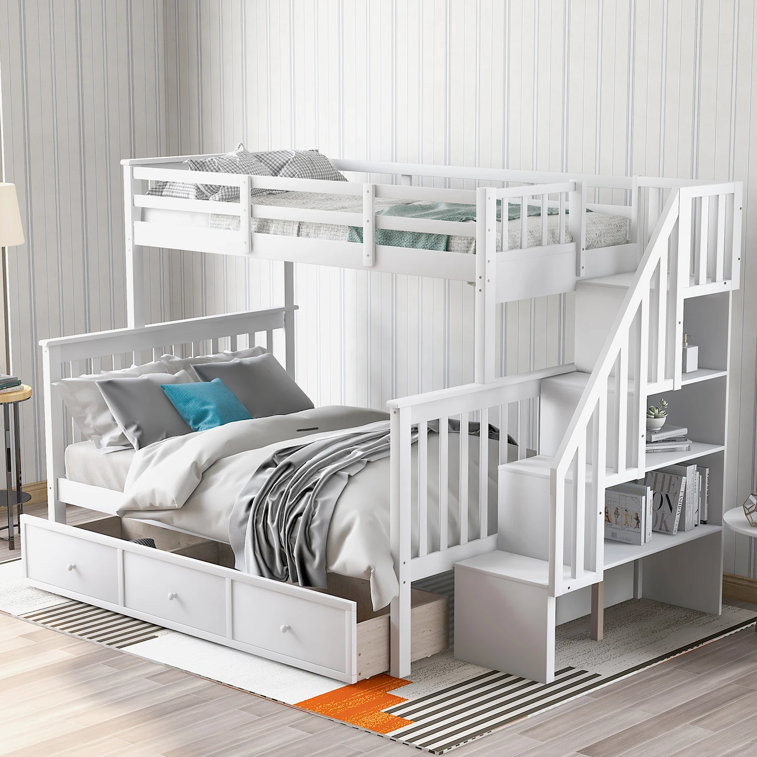 

Stairway Twin-Over-Full Bunk Bed with Drawer, Storage and Guard Rail for Bedroom, Dorm, for Adults, White color(OLD SKU LP00021