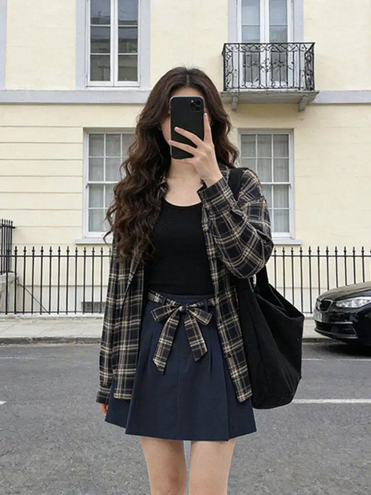 

Early Spring Loose Fit Women's Outfit Long Sleeve Shirt Coat Halter Vest Skirt Two Piece Set Casual Style Breathable Fabric