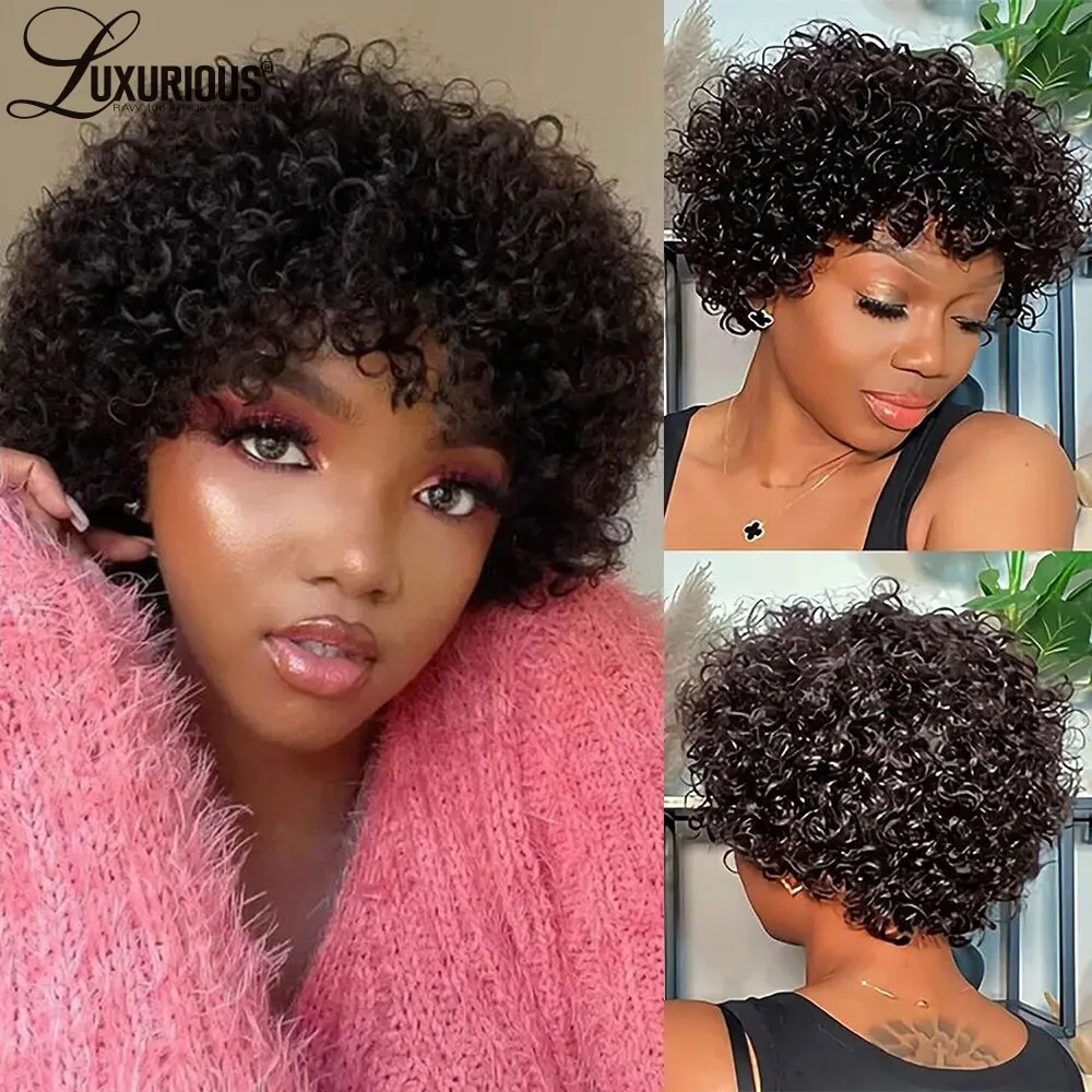 Perruque Brésilienne Naturelle Remy, Cheveux Crépus Bouclés, Pré-Plumés, Faite à la Machine, Coupe Pixie, Courte, pour Femme Noire