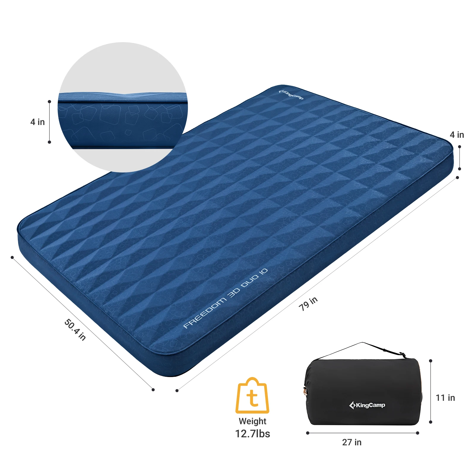 KingCamp Double Diamond Cut Self-inflating Sleeping Pad, High-powered Sponge, High-end Comfortable Self-inflating Sleeping Pad