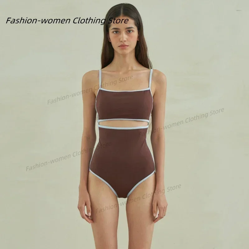 เซ็กซี่ One Piece ชุดว่ายน้ําผู้หญิงตัดชุดว่ายน้ําชุดว่ายน้ํา Monokini Bandeau ชุดว่ายน้ําเกาหลีเบาะชายหาดสวมสีน้ําตาล