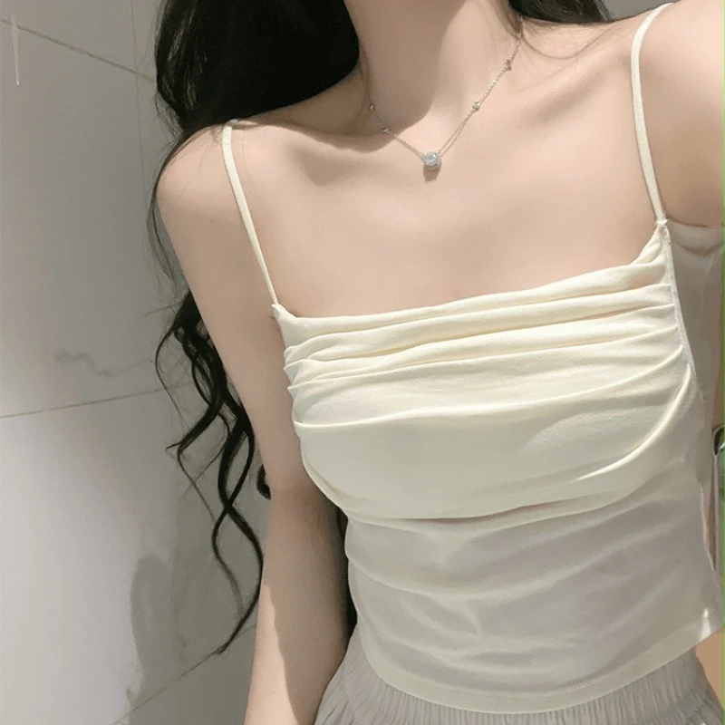 Solid Color Sexy Pleated Camisole Back Vest with Chest Cushion Slim Fit Base Sleeveless Top Топ Женский