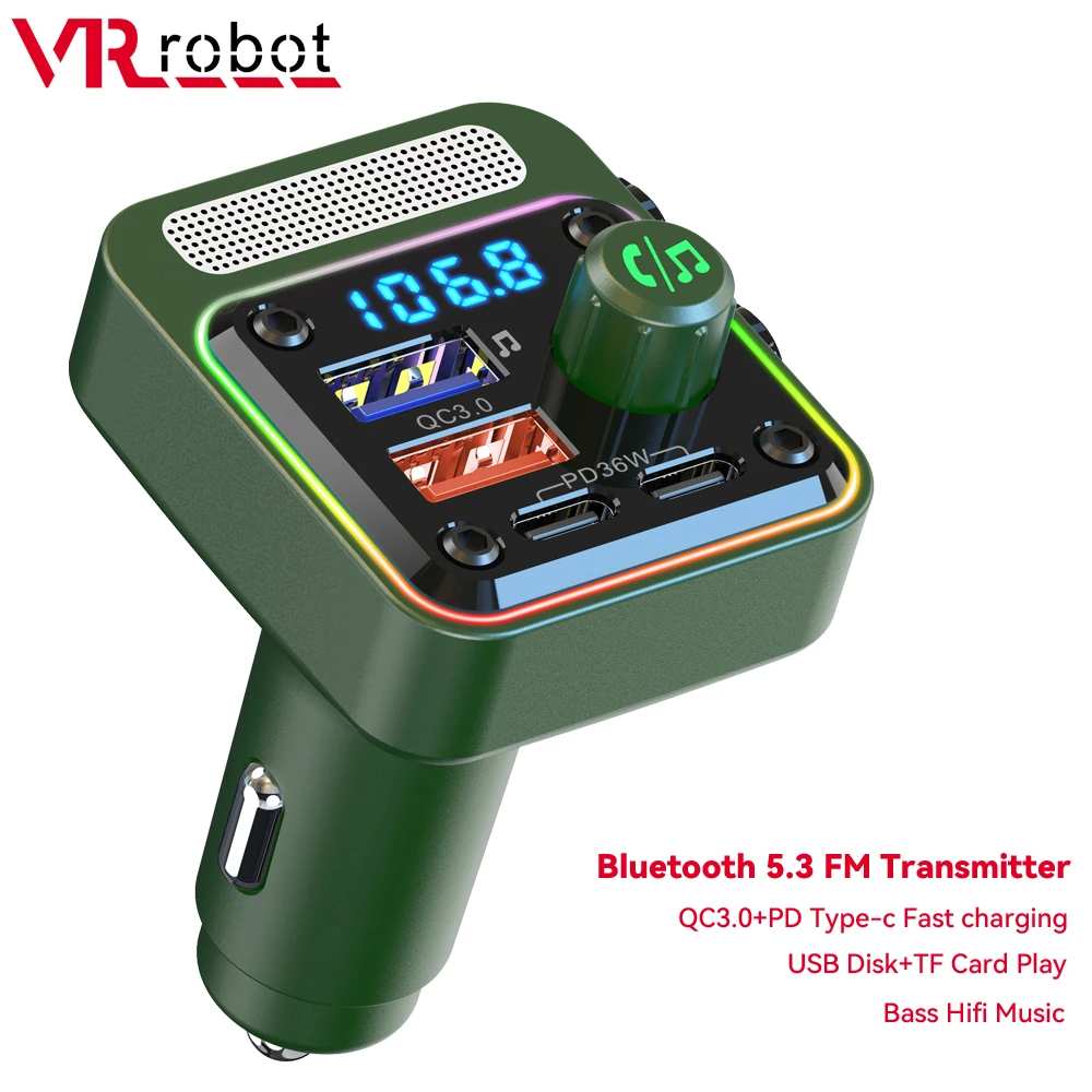 VR Robot Bass Bluetooth 5.3 FM Transmitter Car MP3 U Disk Player Wireless Handsfree Car Kit 36W Type-c +QC 3.0 Fast Charger