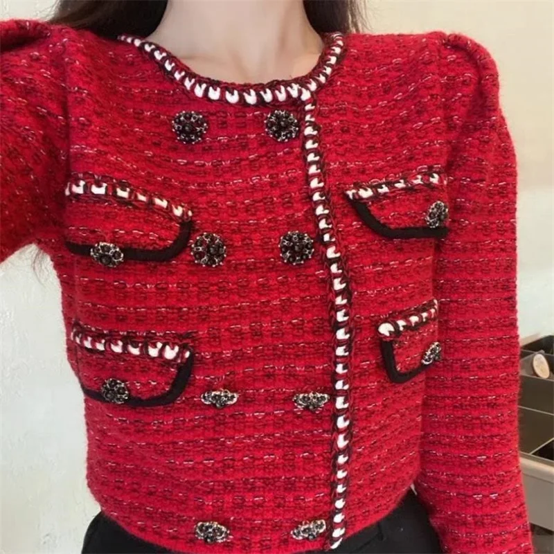 Spring new double-breasted temperament knitted sweater women's button new design slim fashion top