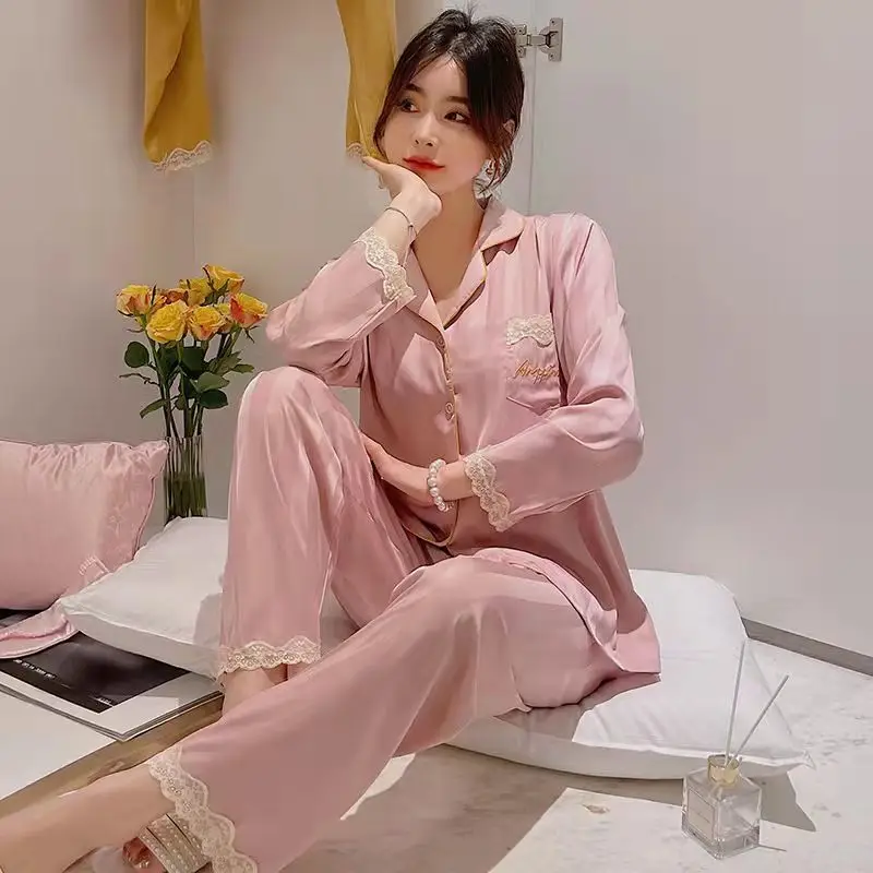 2022 Summer New Light Luxury Ice Silk Pajamas Women Clothing Long-sleeved Soft Loose Thin Homewear Suits FashionClothingBoutique