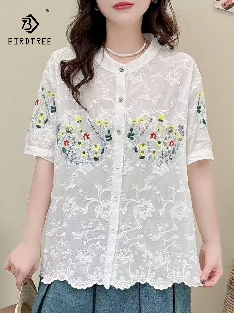 

New 2025 Summer Cotton Half Sleeve Shirt, Women O Neck Embroidery, Mori Girl Age Reduction Casual Sweet Loose Blouse T55020CC