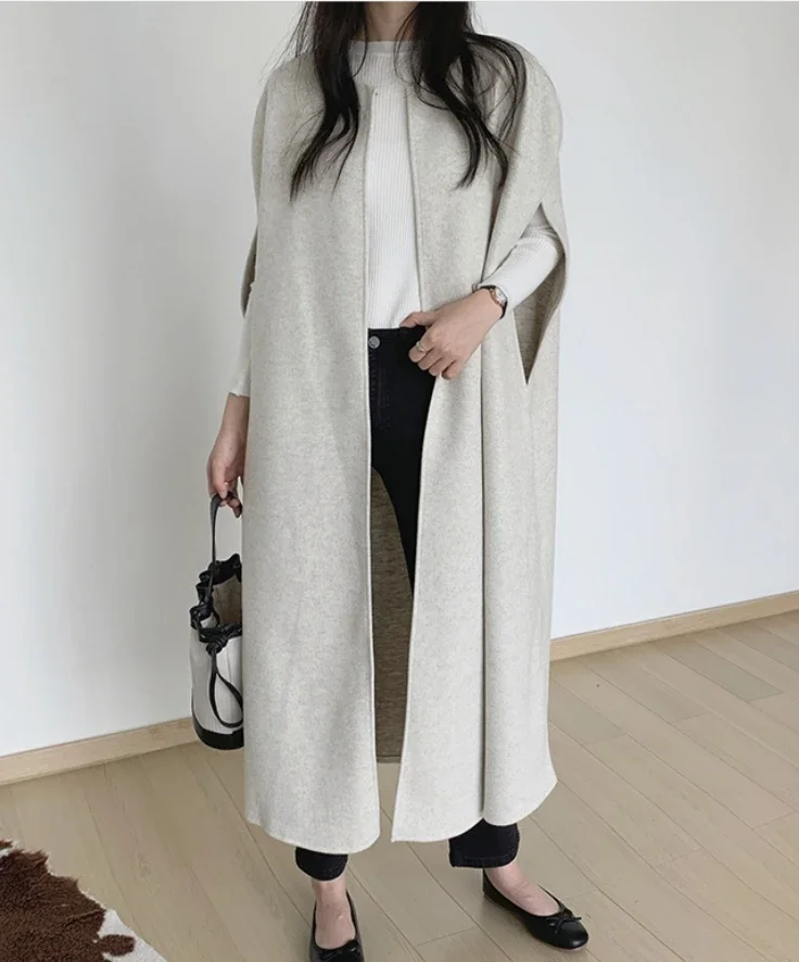 Elegant Women Long Open Stitch Faux Wool Waistcoat Vest Autumn O-neck Korean Ladies Casual Loose Sleeveless Coats