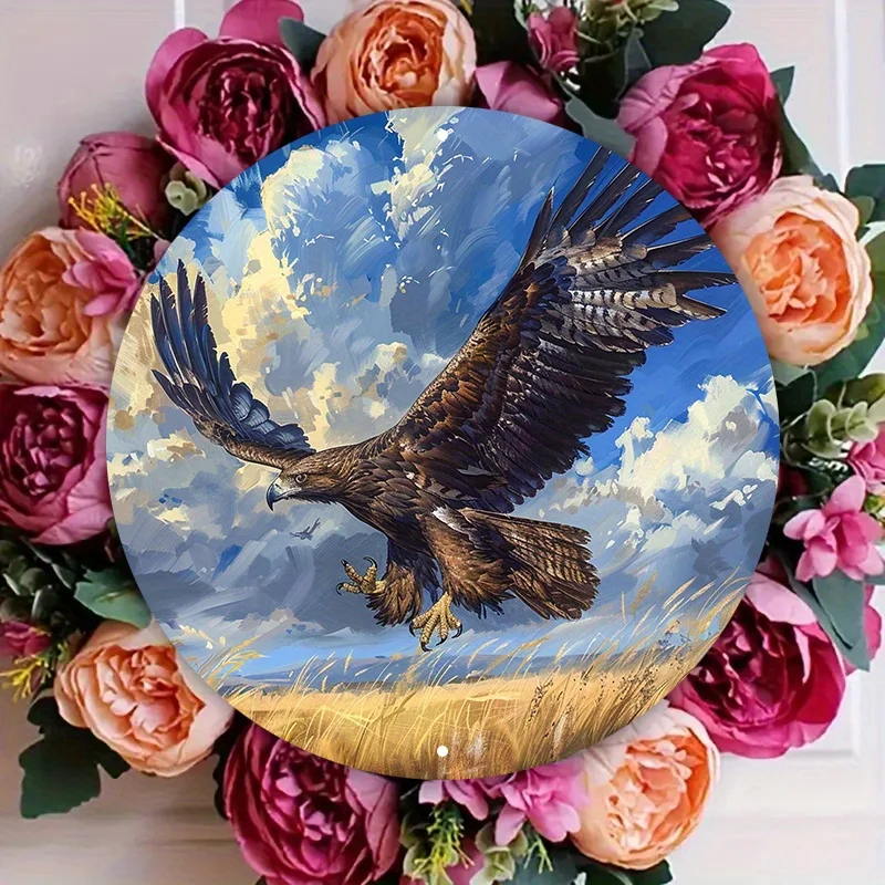 2D Flat, 1pc 2D Flat print Metal iron sign Eagle Metal Wall Art Sign, 20.32x20.32cm Circular Wreath Decor for Home, Tavern, and