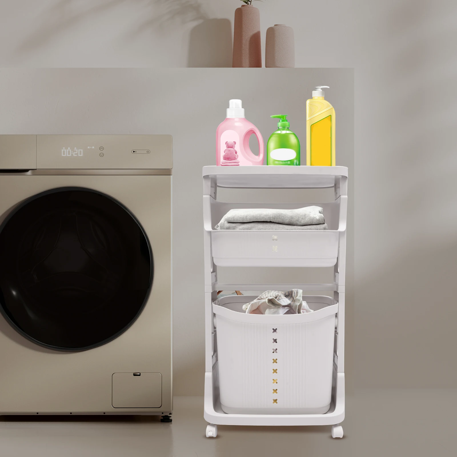 3 Tier Rolling Storage Cart, White Laundry Baskets, Portable Laundry Baskets, Laundry Hampers