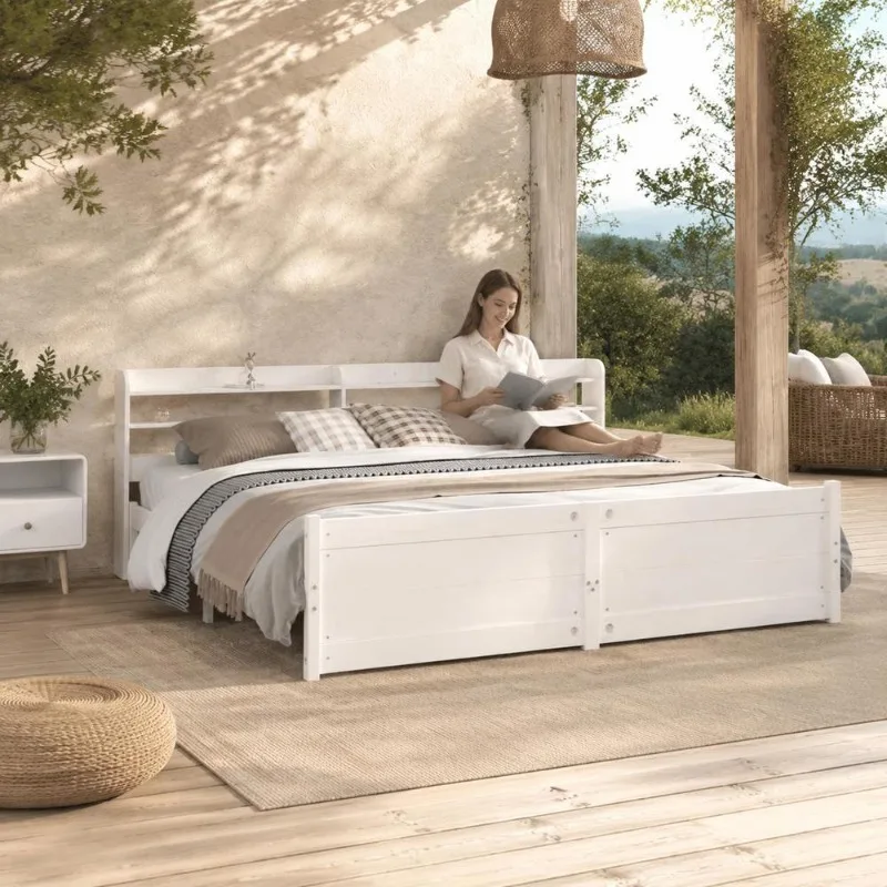 Cadre de lit en pin massif 180 x 200 cm avec tête de lit à deux étagères de rangement, sommier à lattes en contreplaqué, design classique robuste pour chambre principale, studio et intérieur