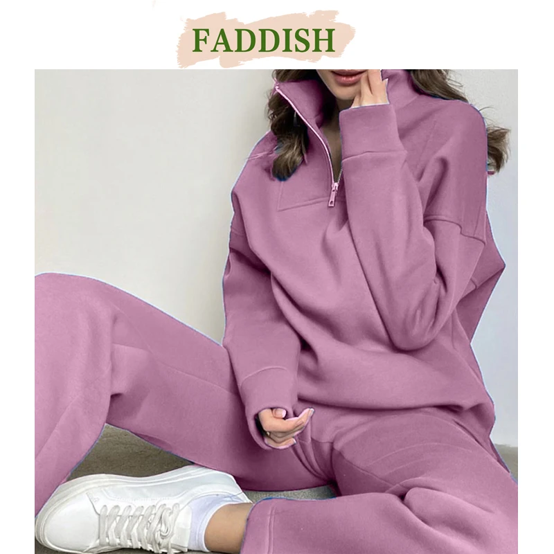 FADDISH 2024 Autumn Women Fashion Loose Fleecing Long Sleeves Zipper Hoodie + Solid Color Casual Movement Pants Set Female