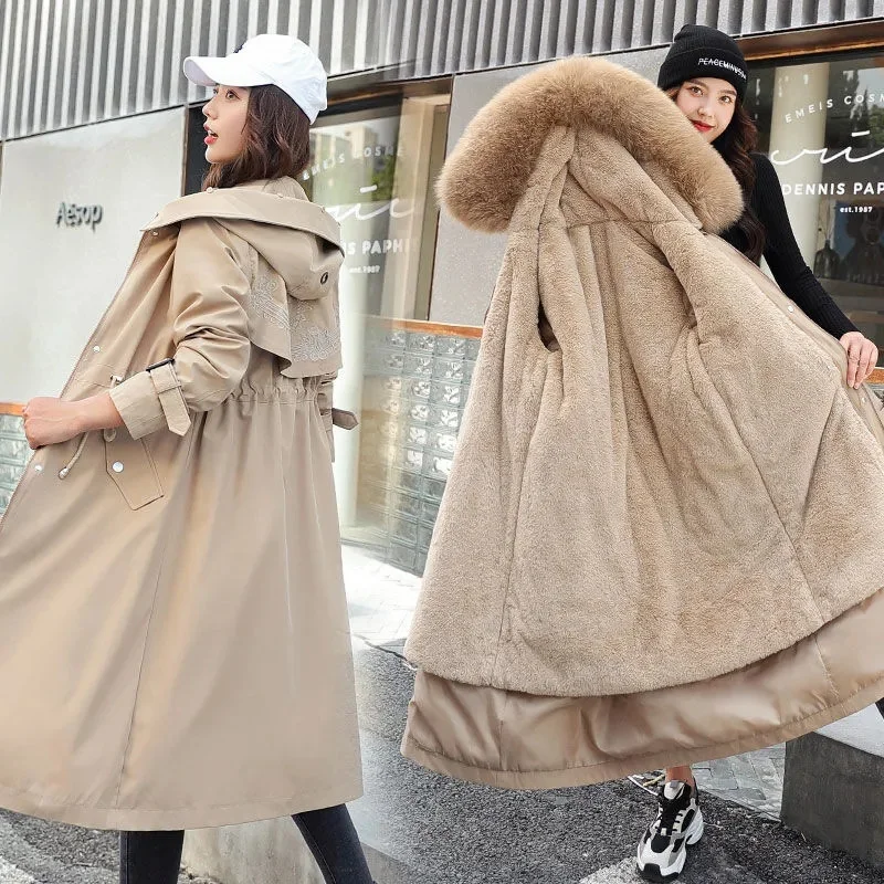 Women's Long Pike Dress with Large Fleece Collar Hooded Embroidered Removable Slim-fit Elegant Warm Cotton Coat Jacket