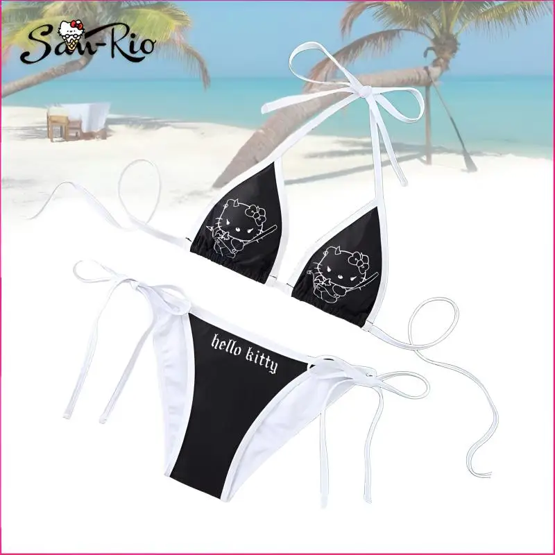 

Hello Kitty Women Sexy Bikini Set Black Female Swimsuits 2Pcs Split Strap Adjustable Swimwear Swimming Pool Summer Swimsuit